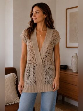 Seduction Y2K Beige Knit Deep V-Neck Short Sleeve Sweater Size XS S Boho Neutral